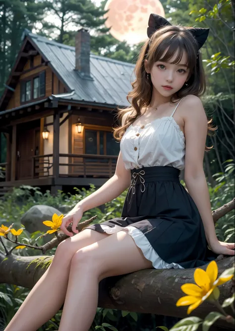 In front of the small house where the fairy lives、lolita fashion、cute girl、16 year old girl、sitting on a thick branch in front o...