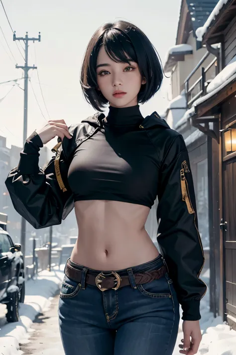 (Long sleeved puffer parka, long jeans, gold belt), ((midriff, navel)), looking at viewer, garden, snow, ((cinematic lighting, m...