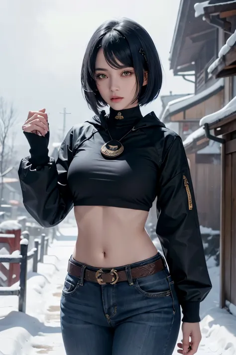 (Long sleeved puffer parka, long jeans, gold belt), ((midriff, navel)), looking at viewer, garden, snow, ((cinematic lighting, m...