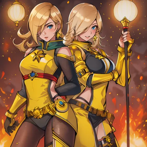 version female of Scorpion from MKII, blonde woman, Scorpion outfit, Rosalina look a like, yellow classic outfit, 