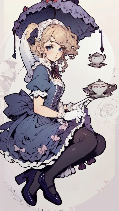 1girl, alice_(alice_in_wonderland), long_hair, blonde_hair, teacup, umbrella, solo, teapot, cup, dress, gloves, holding, white_gloves, blue_dress, apron, short_sleeves, yellow_background, bow, blue_eyes, frills, holding_umbrella, shoes, white_pantyhose, bl...