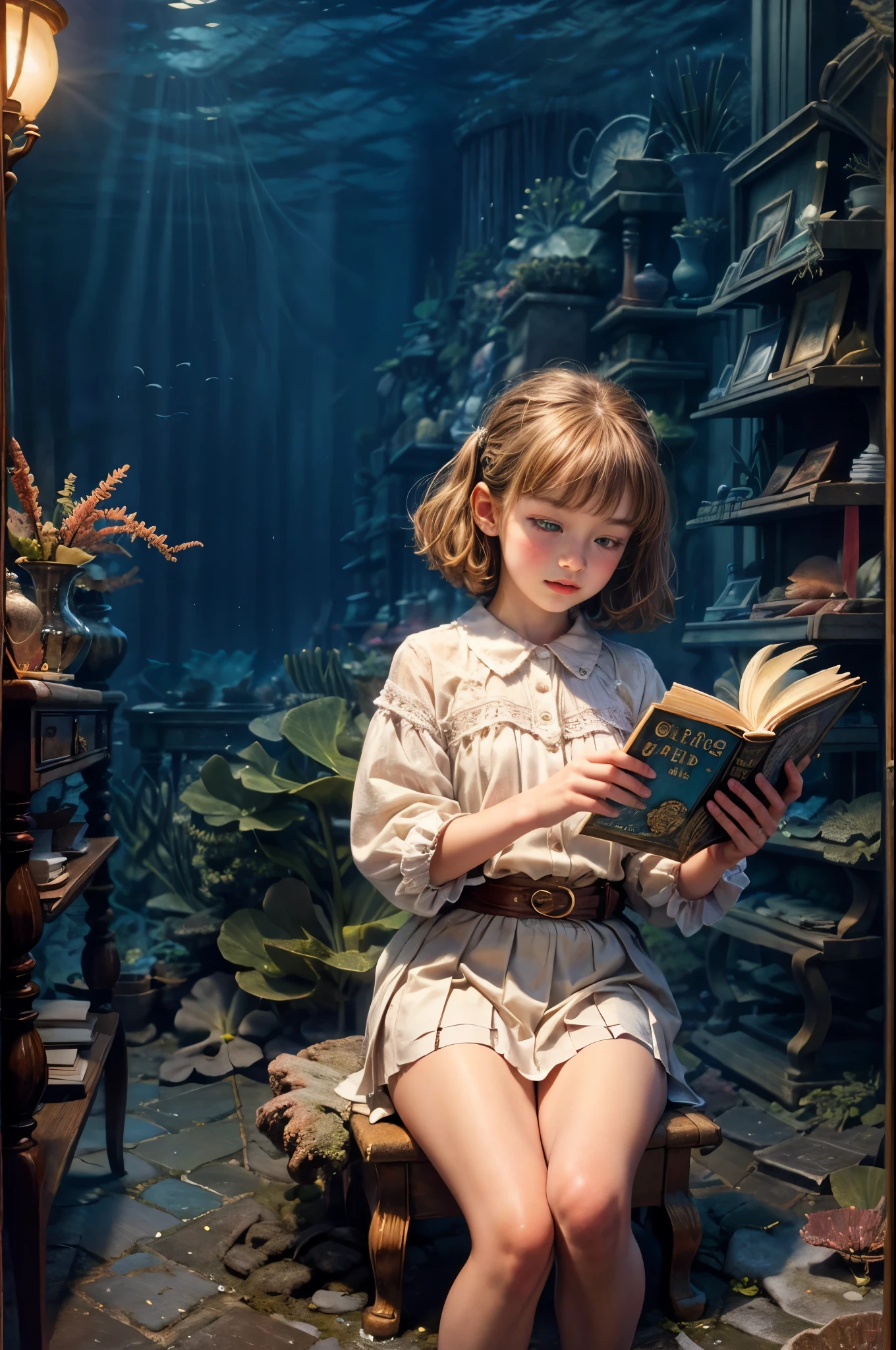 "Realistic, ((charming)) Scene of an 8-year-old girl concentrating on reading, Antique books, dreamy ocean world, Various fantastic sea creatures, (science fiction)), detailed, warm color palette"