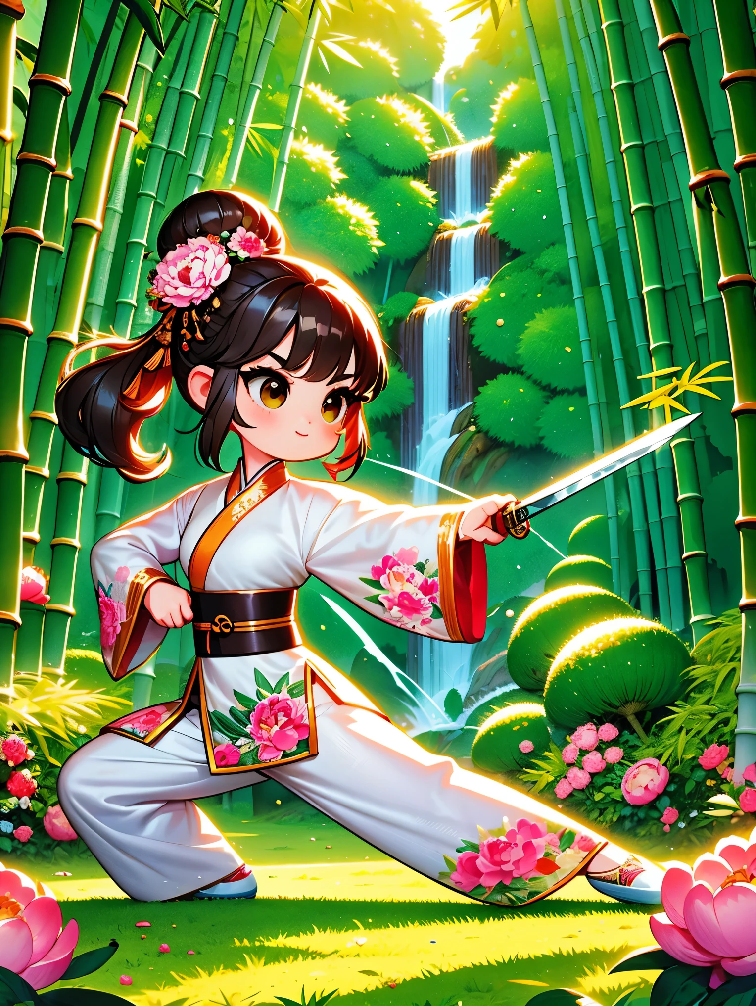 cute cartoon，中国martial arts，vector illustration，1 girl，bamboo forest，martial arts，The posture is full of vitality，Holding a long sword，The costumes are brightly colored，style traditional，Featuring peonies and waves，bamboo forest环境幽静，Lush，tall bamboo stalks，The sun shines dappled sunlight through the leaves，open space，driving range，(UHD, anatomically correct, masterpiece, ccurate, best quality, 8k), Vector martial arts illustration