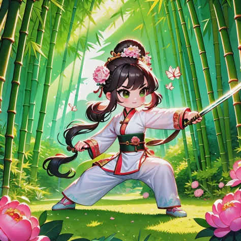 cute cartoon，中国martial arts，vector illustration，1 girl，bamboo forest，martial arts，The posture is full of vitality，Holding a long...