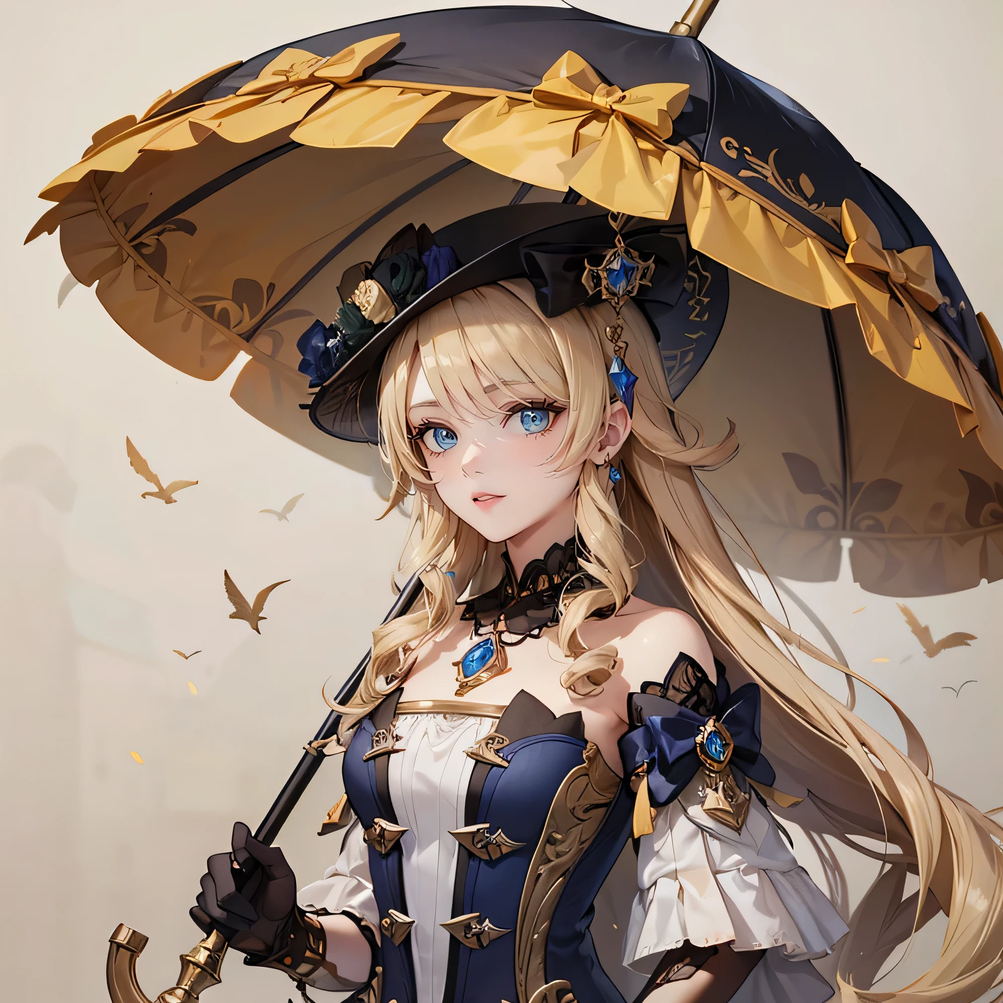 on the ship, holding an umbrella. The girl has beautifully detailed eyes and a kind smile on her face....... The ship is made in steampunk style on a beige background.... The work must be of the highest quality.., be a masterpiece, and have high resolution details.