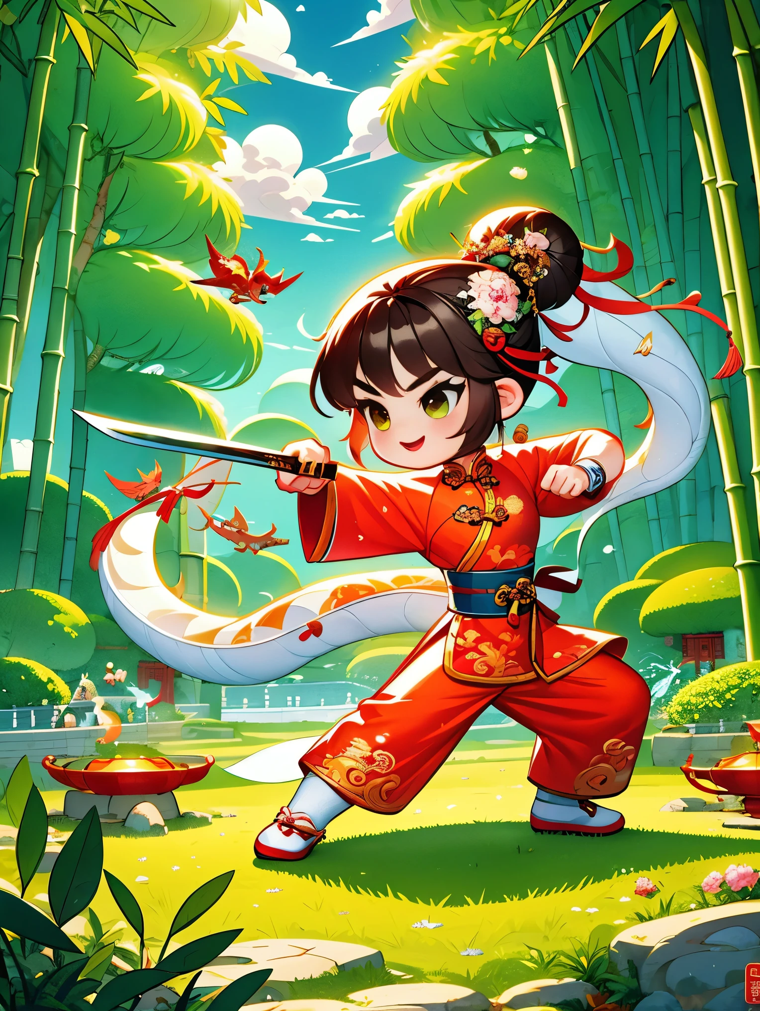 Imagine a vector illustration with a Chinese martial arts theme, rendered in a cute, cartoonish style. A young martial arts hero stands amid ancient Chinese landscapes, his posture light and graceful, with a smile on his face, holding an exquisite short sword. The hero is dressed in bright, uniquely designed traditional attire, embroidered with dragons and phoenixes to showcase rich Chinese cultural elements. The surroundings feature vividly drawn landscapes, with a few elegant clouds and one or two green bamboo trees, adding a fresh and natural vibe to the scene. The whole setting retains the mystery of martial arts stories while integrating modern, cute cartoon elements, making the scene both traditional and fun，(UHD, anatomically correct, masterpiece, ccurate, best quality, 8k), Vector martial arts illustration