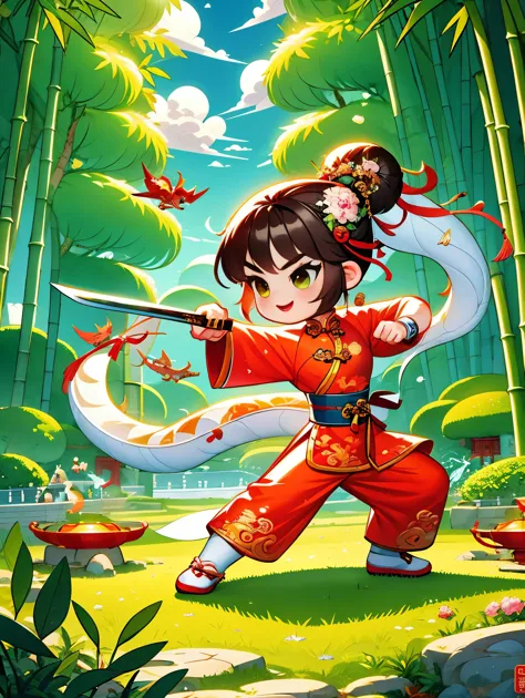Imagine a vector illustration with a Chinese martial arts theme, rendered in a cute, cartoonish style. A young martial arts hero...