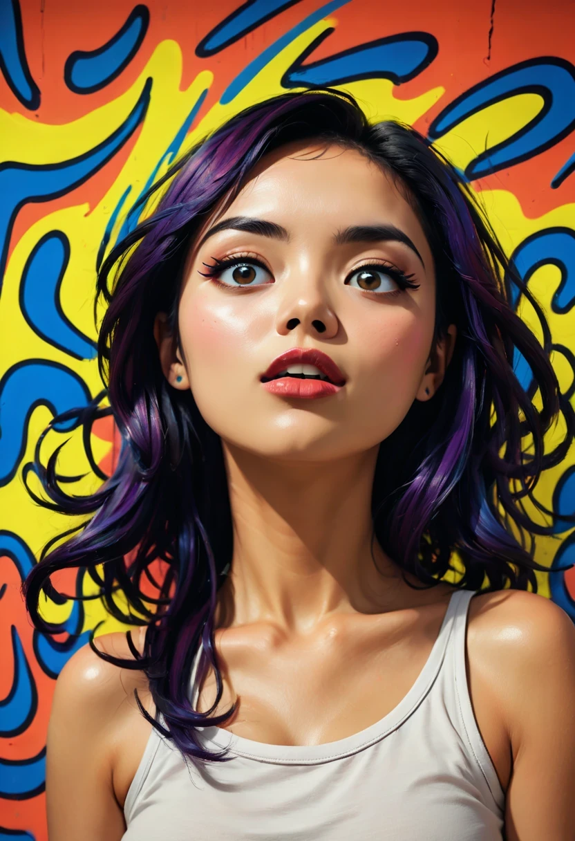 Graffiti, wall, whole picture, high resolution和高对比度,simple,girl，(best quality,high resolution,masterpiece:1.2),super detailed,actual, high dynamic range,studio lighting,Physically based rendering,bright colors,[Street art],portrait,[comic style],urban style,urban chic,city View,Graffiti覆盖的建筑物,expressive brushstrokes,[dynamic poses], [Unique facial expressions],eye-catching background,Color spray paint,mark wall,crappy texture,Detailed character design,dramatic lighting,sketchy lines,energy and movement,urban culture,modern style,Avant-garde and energetic,modern style,Vibrant color palette,sharp contrast,Street Fashion,Stylish and confident,lively scenes、Lively,sense of rebellion,[abstract elements],Pop Art Influence,imagination and creativity.