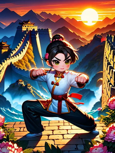 cute cartoon，中国martial arts，vector illustration，1boy，Great Wall，martial arts，Featuring peonies and waves，Training on an ancient ...