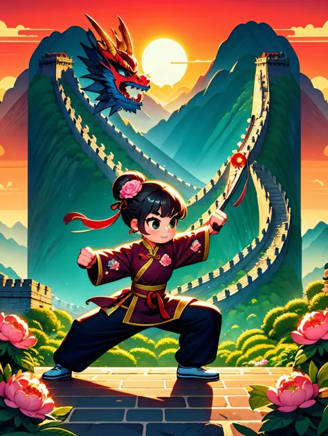 cute cartoon，中国martial arts，vector illustration，1boy，Great Wall，martial arts，Featuring peonies and waves，Training on an ancient ...