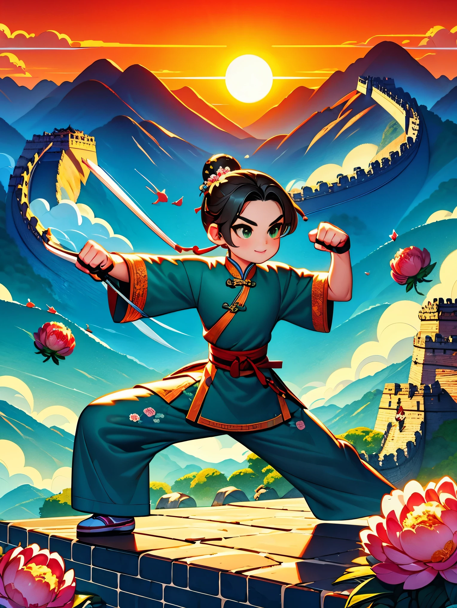 cute cartoon，中国martial arts，vector illustration，1boy，Great Wall，martial arts，Featuring peonies and waves，Training on an ancient city wall，The background is the setting sun。heroic posture，Fists clenched，Prepare for the attack。His clothes are full of energy，Decorated with dragon pattern，Symbolizes strength and wisdom。The ancient walled environment is depicted with exceptional accuracy，Includes watchtower and craggy stone textures，Surrounded by mountains in the distance，(UHD, anatomically correct, masterpiece, ccurate, best quality, 8k), Vector martial arts illustration