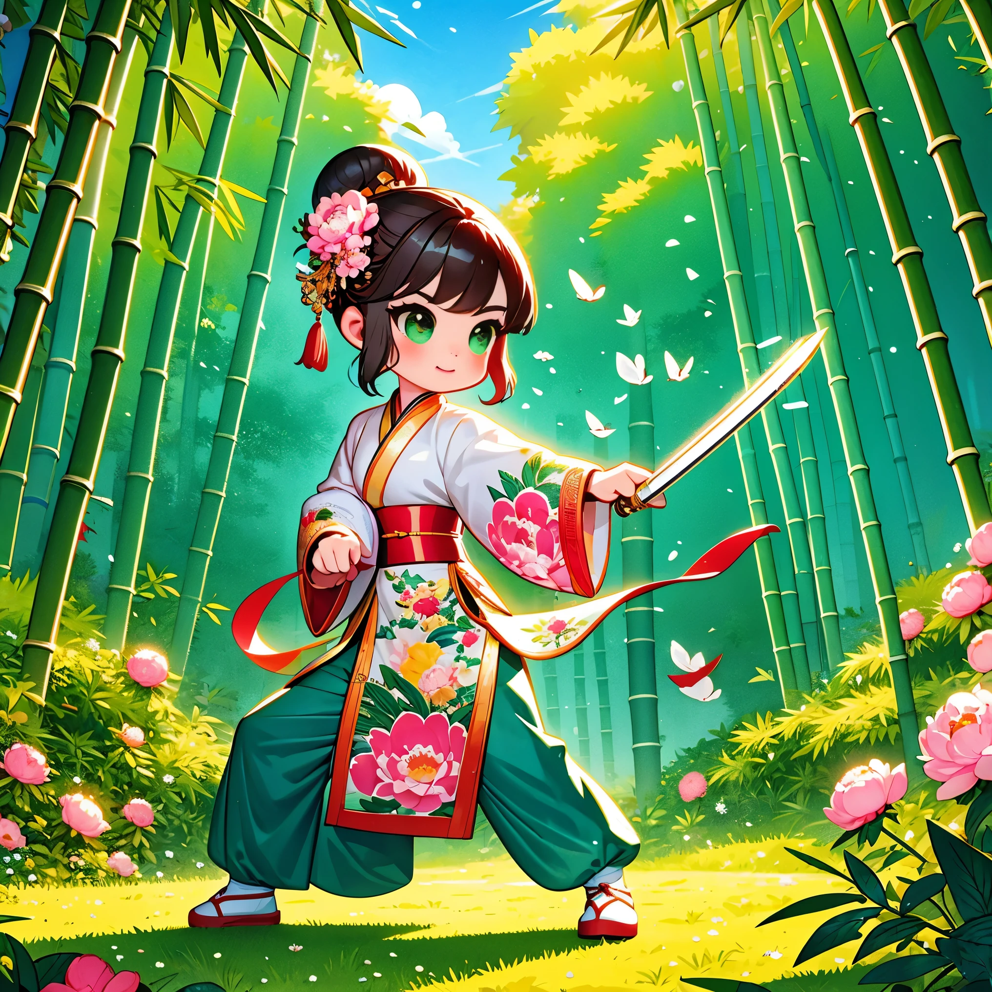 cute cartoon，中国martial arts，vector illustration，1 girl，bamboo forest，martial arts，The posture is full of vitality，Holding a long sword，The costumes are brightly colored，style traditional，Featuring peonies and waves，bamboo forest环境幽静，Lush，tall bamboo stalks，The sun shines dappled sunlight through the leaves，open space，driving range，Vector martial arts illustration