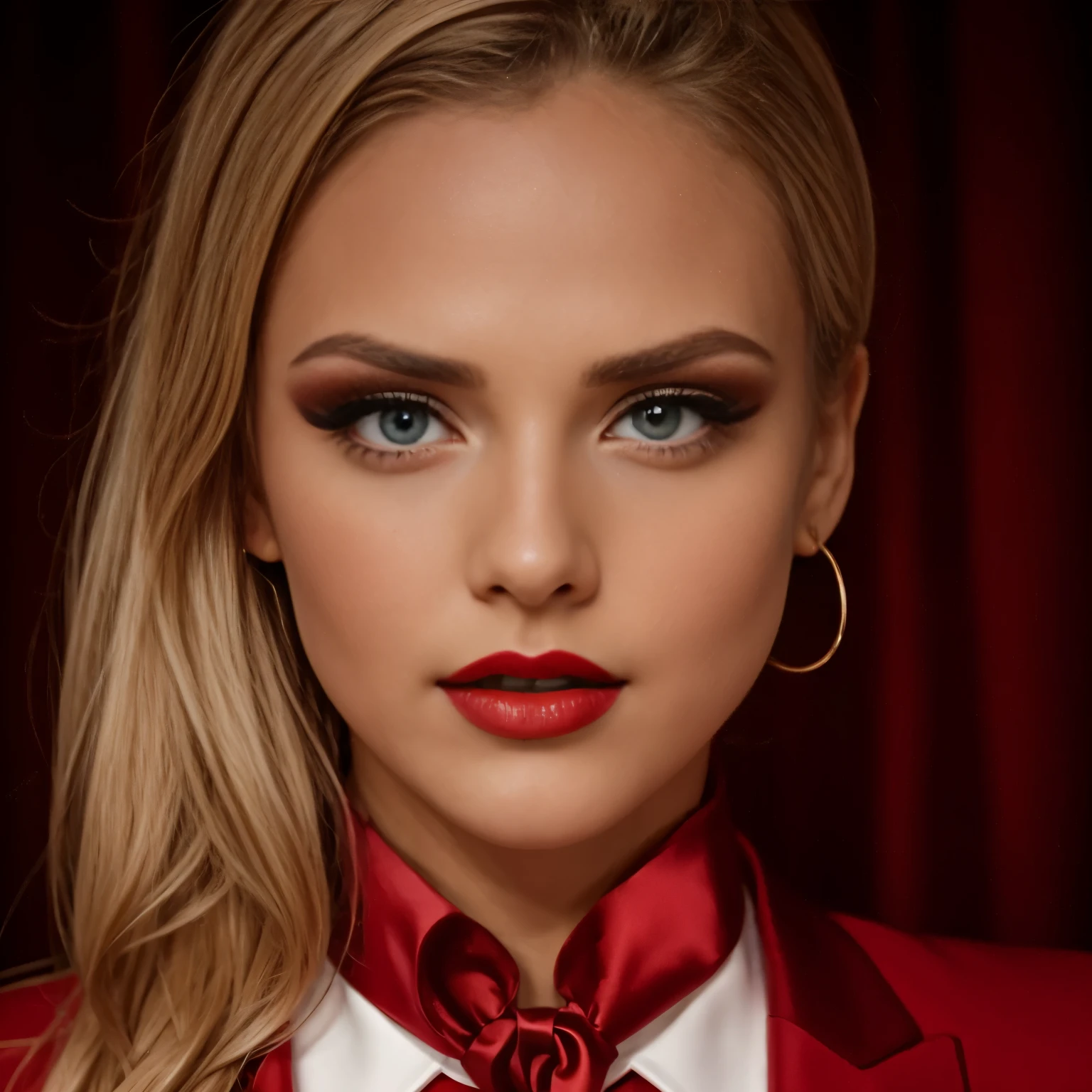 Sehr sexy Mädchen, Alex Weniger, detaillierte Lippen, detaillierte Augen, detaillierte Wimpern, detailliertes Gesicht, blondes Haar, Verdienste, Nase drücken, Verführung Augen, ((Rot make-up)), Rot, Ganzkörperaufnahme, ((Anzug tragen)),(( lange Krawatte)), 