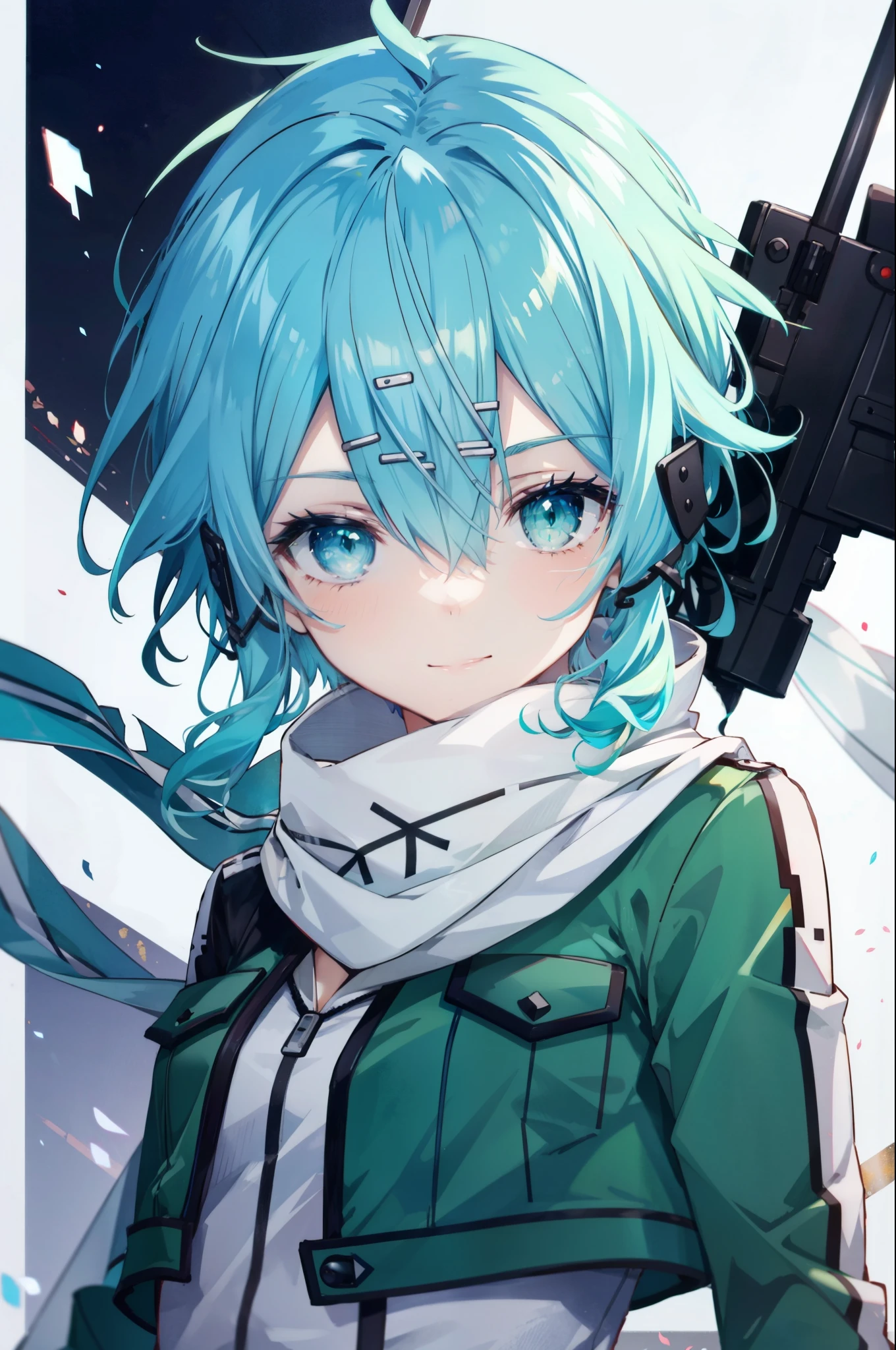 It is_Shino, 1 girl, Otherwise, alone, smile, scarf, gun, arms, hair ornaments, hair clip, looking at the viewer, short hair, rifle, white scarf, hair between eyes, aqua hair, aqua eye, Jacket, Upper body, closed mouth, bangs, sniper rifle, green eyes, blue hair, side lock, shiny hair