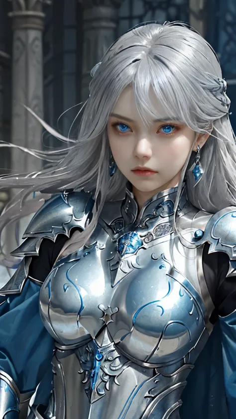 a close up of a woman in a silver and blue dress, chengwei pan on artstation, by Yang J, (Female adventurers in medieval fantasy), stunning character art, fanart best artstation, epic exquisite character art, ((Frown, get angry))，haughty，Noble and charming...