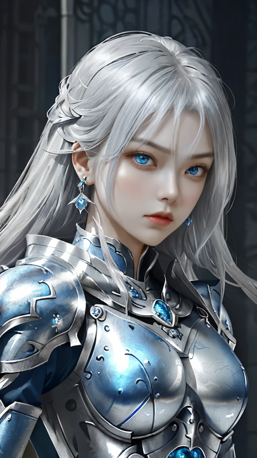 a close up of a woman in a silver and blue dress, chengwei pan on artstation, by Yang J, (Female adventurers in medieval fantasy), stunning character art, fanart best artstation, epic exquisite character art, ((Frown, get angry))，haughty，Noble and charming，(A fantasy combat suit，Cool Battle Armor，The magnificent armor of a knight，Metallic luster，A delicate badge of magic), armor girl, silver hair,Precisely expresses details such as face and skin texture,beautiful eye, blue eye,double eyelid,delicate skin,slender body shape,alone,big breast, (Wearing the most beautiful and noble small earrings)