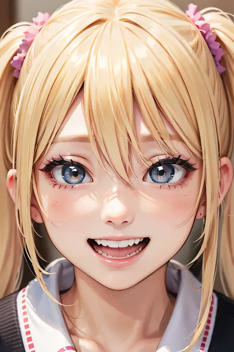 blonde、girl、twin tail hair、Laugh aloud、close up of face