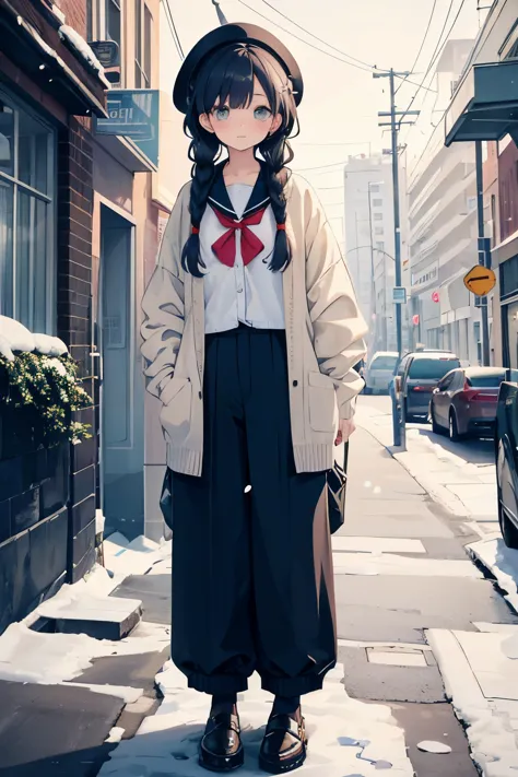 1 girl, long hair, braided hair, wearing a cardigan over top, baggy pants, long sleeve sailor suit, The background is snowing