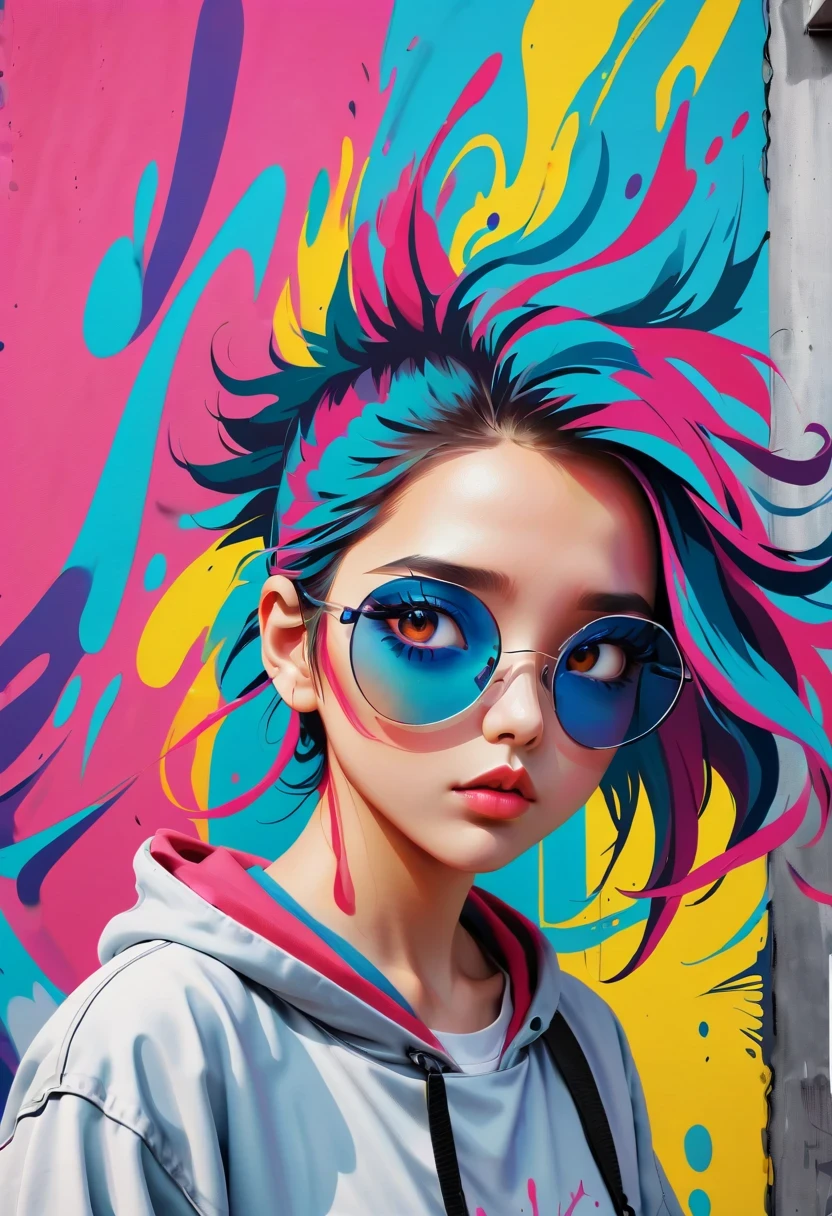 Graffiti漫画，Graffiti, wall, whole picture, high resolution和高对比度,simple,girl，(best quality,high resolution,masterpiece:1.2),super detailed,actual, high dynamic range,studio lighting,Physically based rendering,bright colors,[Street art],portrait,[comic style],urban style,urban chic,city View,Graffiti覆盖的建筑物,expressive brushstrokes,[dynamic poses], [Unique facial expressions],eye-catching background,Color spray paint,mark wall,crappy texture,Detailed character design,dramatic lighting,sketchy lines,energy and movement,urban culture,modern style,Avant-garde and energetic,modern style,Vibrant color palette,sharp contrast,Street Fashion,Stylish and confident,lively scenes、Lively,sense of rebellion,[abstract elements],Pop Art Influence,imagination and creativity.