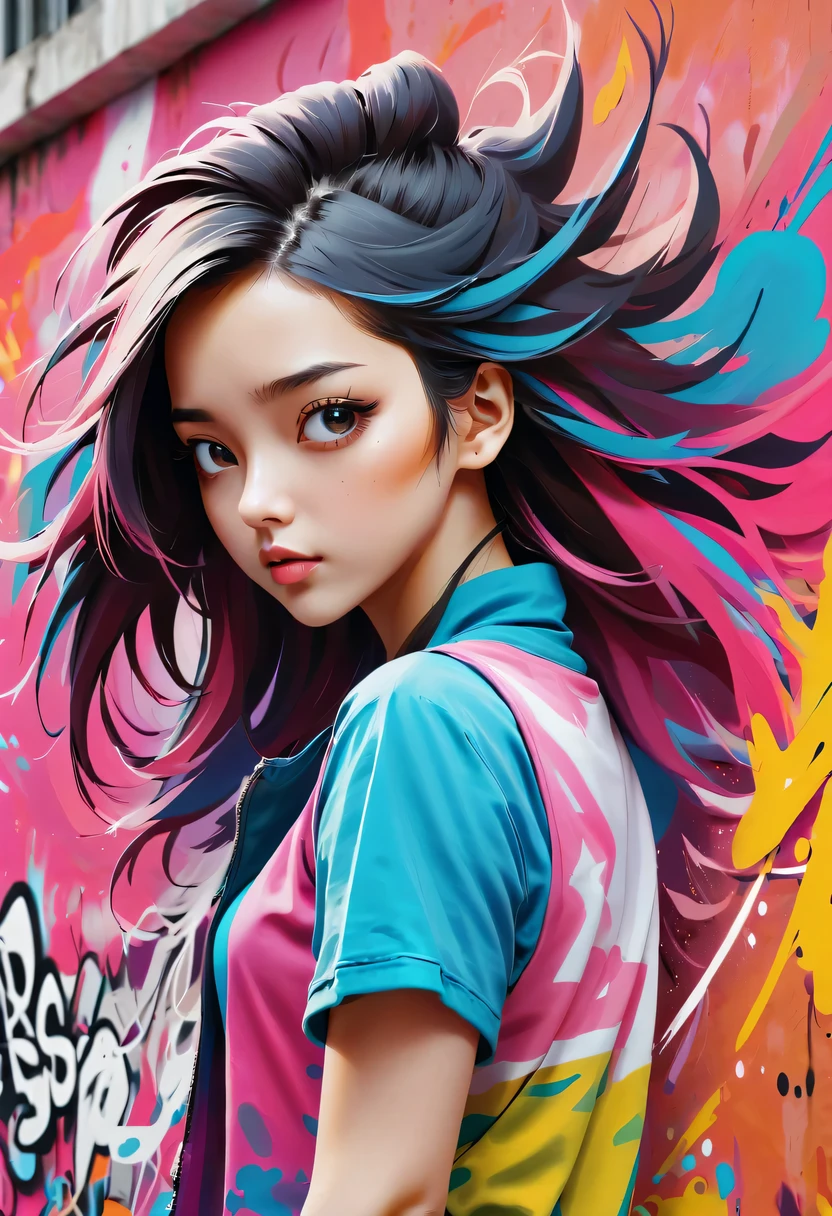 Graffiti漫画，Graffiti, wall, whole picture, high resolution和高对比度,simple,girl，(best quality,high resolution,masterpiece:1.2),super detailed,actual, high dynamic range,studio lighting,Physically based rendering,bright colors,[Street art],portrait,[comic style],urban style,urban chic,city View,Graffiti覆盖的建筑物,expressive brushstrokes,[dynamic poses], [Unique facial expressions],eye-catching background,Color spray paint,mark wall,crappy texture,Detailed character design,dramatic lighting,sketchy lines,energy and movement,urban culture,modern style,Avant-garde and energetic,modern style,Vibrant color palette,sharp contrast,Street Fashion,Stylish and confident,lively scenes、Lively,sense of rebellion,[abstract elements],Pop Art Influence,imagination and creativity.