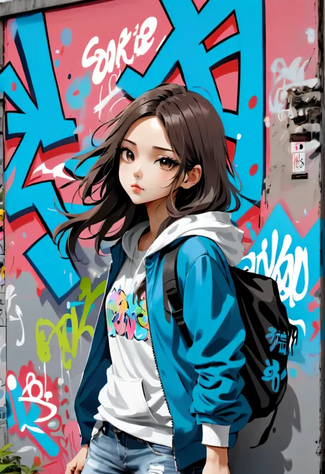 Graffiti漫画，Graffiti, wall, whole picture, High resolution and high contrast,simple,girl