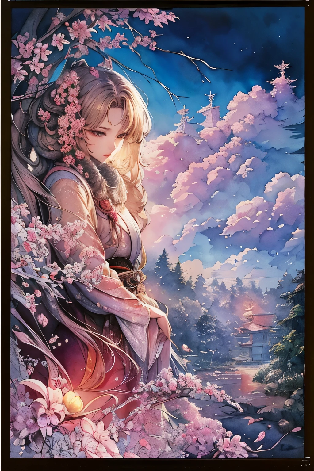 ​masterpiece: 1.7, top-quality, very extremely beautiful, Delicate use of colors、A detailed face、 art by, (watercolor paiting(Curly)、Official art、realisitic、Beautifully Aesthetic:1.3)、(1girl in:1.3)、(Fractal Art:1.3)、(Kimono)、The upper part of the body、From Side、looking at the viewers、patterns、Flowers and Birds Fugetsu、Yuki、Thousand Cranes、cloud、lantern、starrysky、stele、(masutepiece, Best Quality), Highly detailed, Sexy Female Ronin,  Samurai, Cherry border, Japan tattoos,  katanas, Japan, Night, Moonlight, Vector style art, Erotic, Movie Poster Style, lettering.