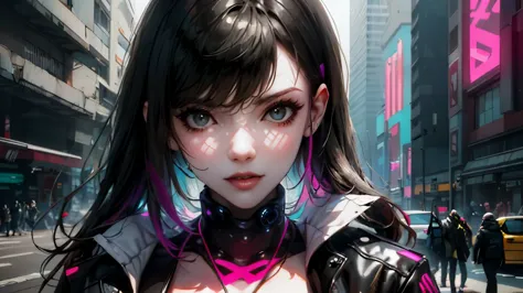 ((Best quality)), ((work-before)), (highly detailed:1.3), .. 3D, beautiful (cyberpunk:1.3) , Stylish woman looking at camera, bl...