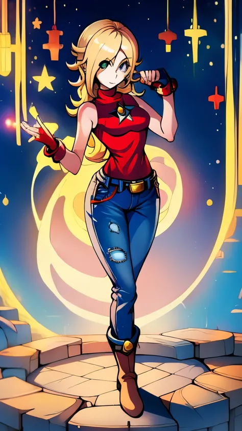 Rosalina, red top, jeans, boots, fingerless gloves, cute face