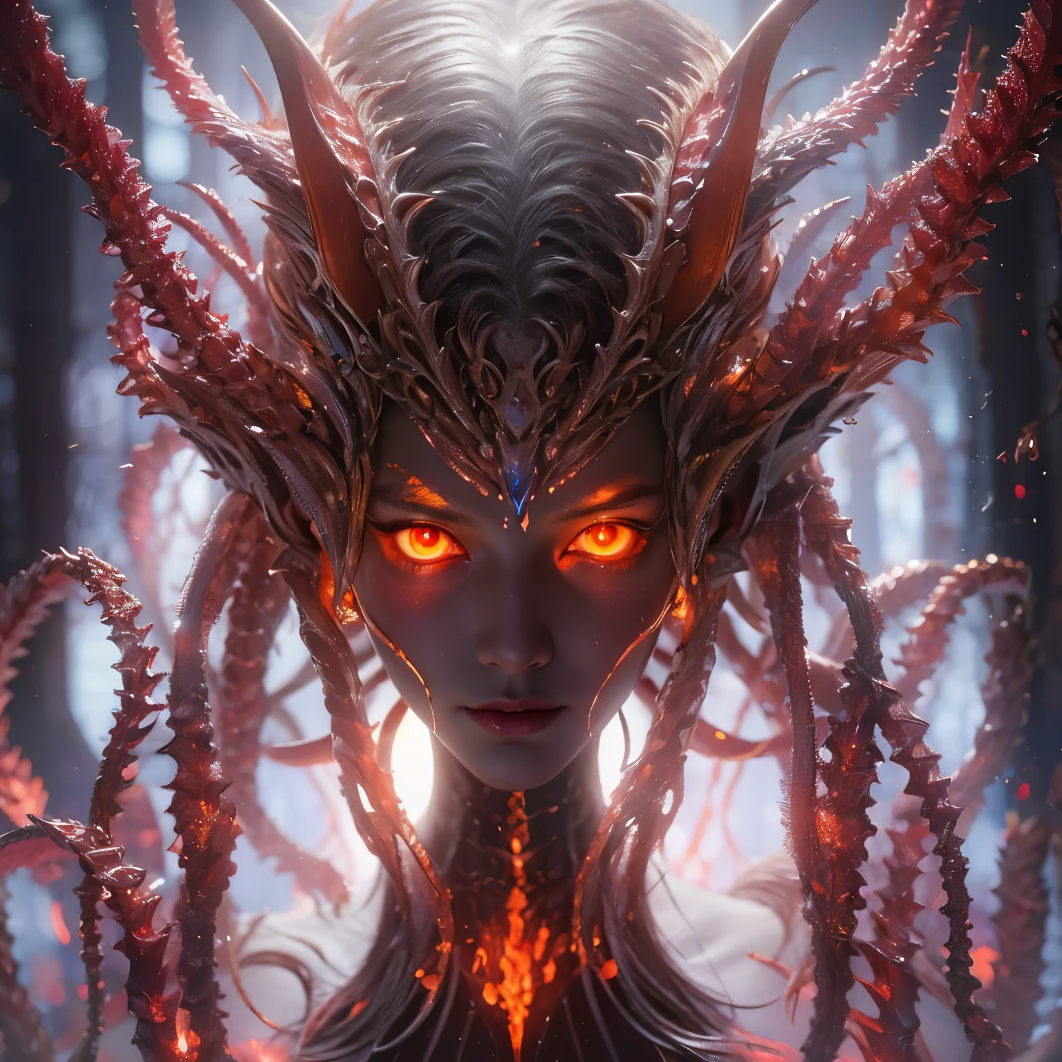 (1 female Alien: 1.2), With a beautiful, enchanting face, this alien seduces us with her allure. Her captivating red eyes gleam brightly, reminiscent of burning embers. Her full body is unlike any human's, boasting a sexy, otherworldly form. No humans are present in this scene as she stands alone, her cells fused in a unique and intriguing extraterrestrial way.
(extraordinary beautiful nude photo:1.4), (glowing red eyes:1.5), toned lean body, 
Lots of iridescent tentacles adorn her body, shimmering under the dramatic lighting. Her pale skin, with a hint of translucency, adds to her ethereal allure. This masterpiece, rendered in 