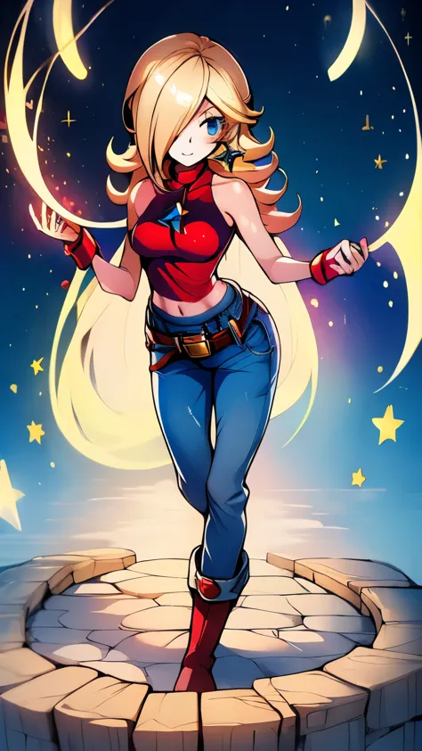 Rosalina, red top, jeans, boots, fingerless gloves, cute face