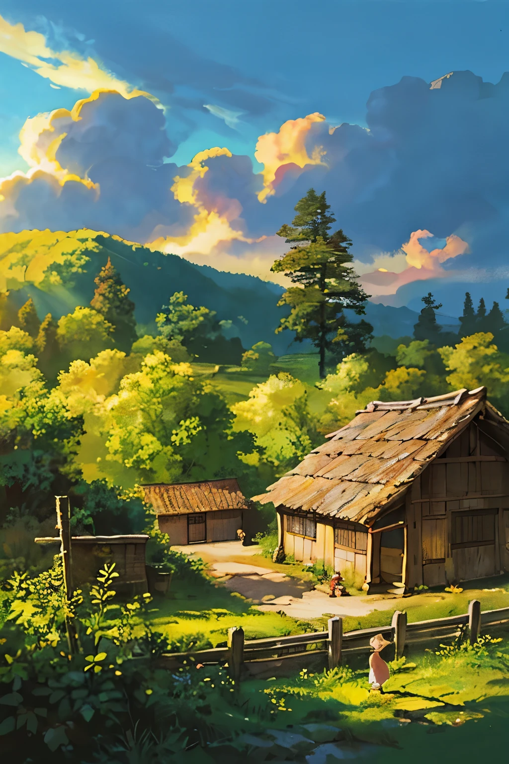 In an enchanting village inspired by Hayao Miyazaki's magical realism, the sun cast a golden glow, its rays piercing through the crystal-clear sky. Lush forests stretching far and wide framed the scenic landscape, their vibrant leafage dancing in the gentle breeze. Wafts of smoke ascended gracefully from the chimneys, adding a cozy warmth to the idyllic setting. Amidst this serene backdrop, the villagers went about their daily routines, their simple lives intertwined with the harmonious balance of nature. --ar 16:9 --s2 {A captivating scene filled with details, radiating a sense of nost