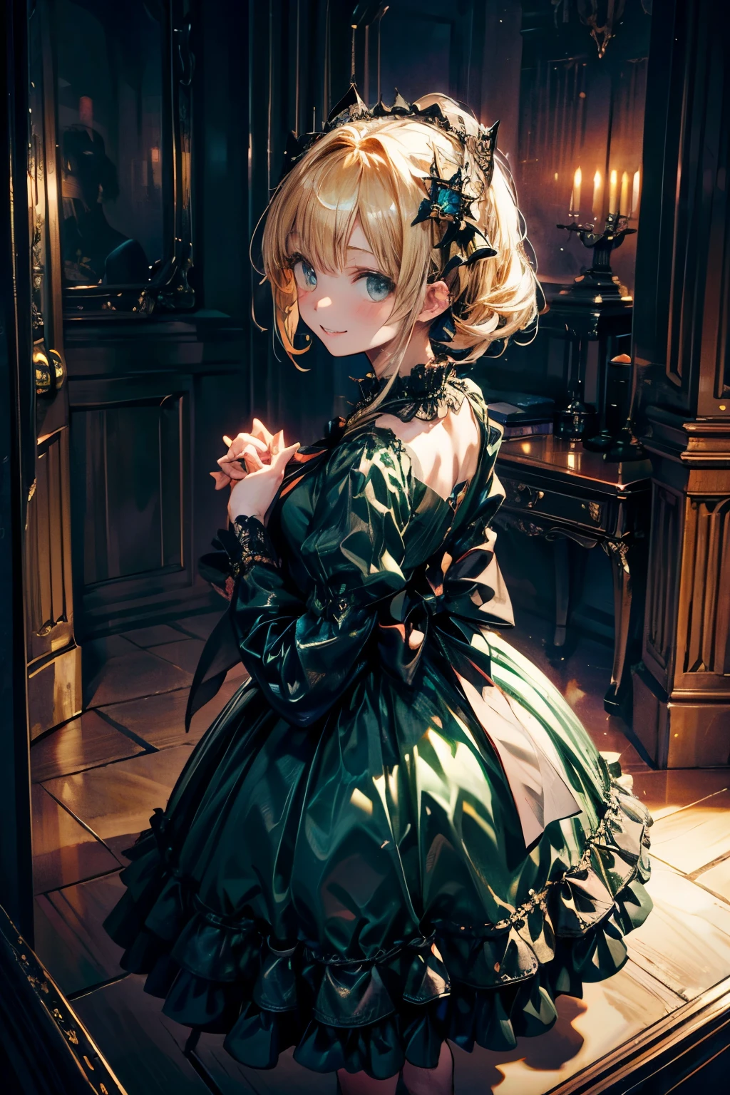 prompt: 8K resolution, delicate features, , single, unique students, shy smile, blonde, princess cut, Bow hair ornament, brooch, shiny dark green dress, lolita style, gothic style, join hands, facing the viewer, Otaku room, female imp