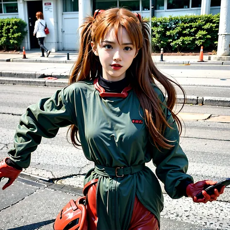 asuka langley evangelion, amazing woman, Confidently using mobile phone on a lively street in trendy clothes.sexy