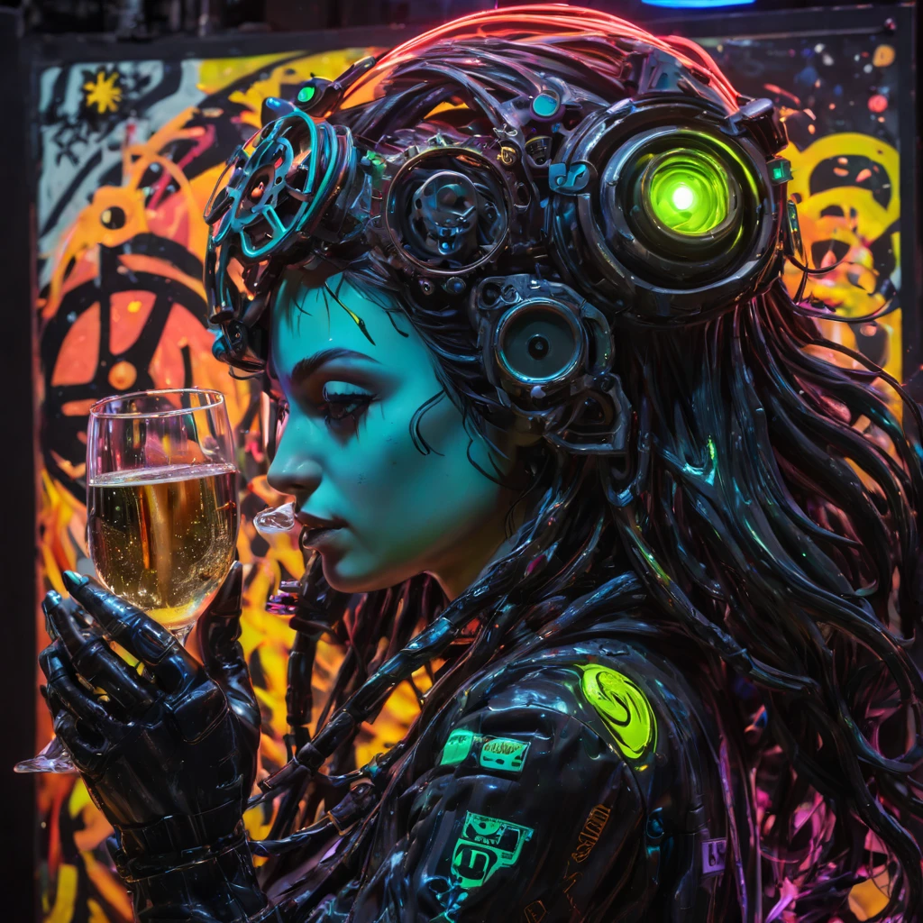 High Resolution, High Quality, Masterpiece. Street art. Graffiti. Hermione, in a dynamic gesture, makes contact with a champagne glass, surroundings morphing into a hyper-detailed Friday night setting, high fidelity, embracing the smallest intricacies, bathed in a neon glow, abstract black oil textures merge with mechanical gears, acrylic sharpness adds to the grungy aesthetic, entangled complexities, all captured and rendered with photorealistic quality in Unreal Engine, neon ambiance, gear mecha, detailed acrylic, grunge, intricate complexity Hyperdetalization. Hyperrealism. Dramatic light. Upfest and Nuart member winner