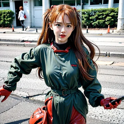 asuka langley evangelion, amazing woman, Wear trendy clothes and use your phone confidently in a lively city.sexy