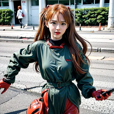 asuka langley evangelion, amazing woman, wear trendy clothes and use your phone confidently in a lively city.sexy