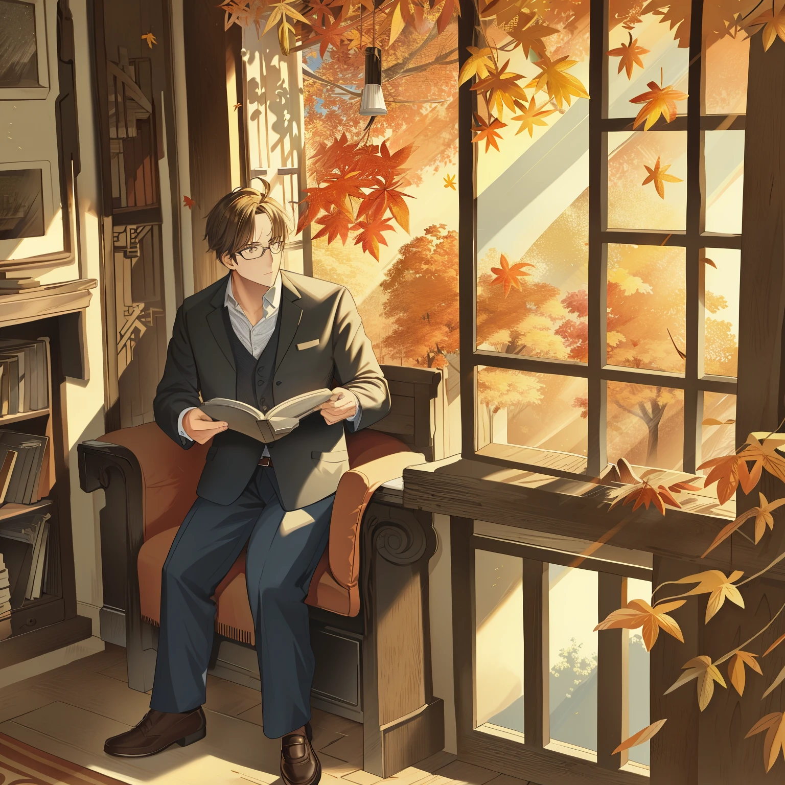 Rdg & Wrtg, solo, introspective reader, detailed expression, quaint study, vintage books, stacked high, sunbeams streaming in, autumn leaves outside, cozy room, autumn colors, wearisome yet content face, deep in thought, glasses perched on nose, distinguished gentleman, checkered shirt, pants with a subtle whisker texture, well-worn leather shoes, detailed environmental background, leafy trees outside, warm orange and yellow hues, saturated colors, reflective lighting, cinematic scene, best quality illustration.