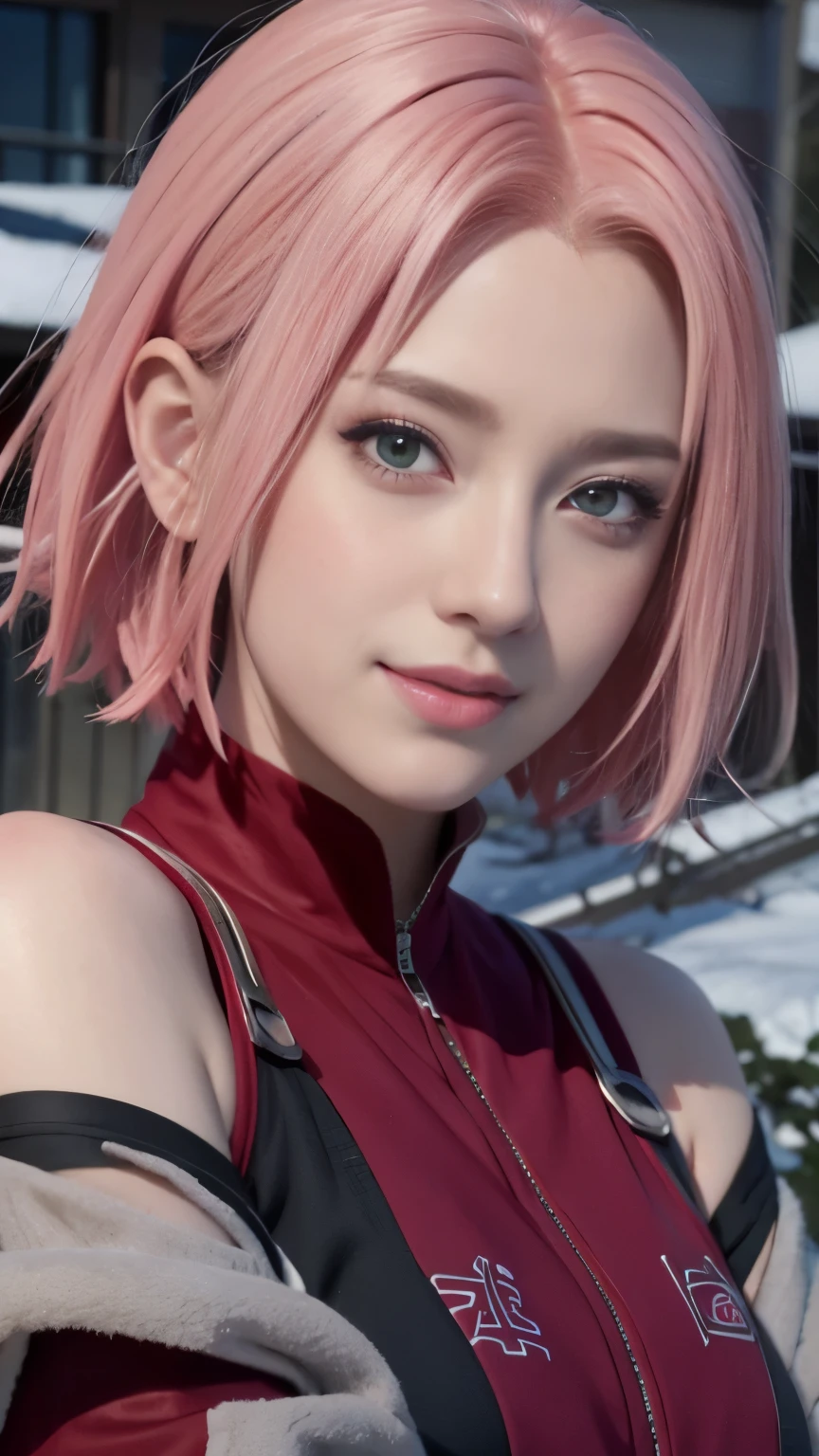 1female, haruno sakura in anime naruto shippuden, short hair , pink hair, green eyes, smile, beautiful, red clothes, realistic clothes, detail clothes, city background, ultra detail, realistic