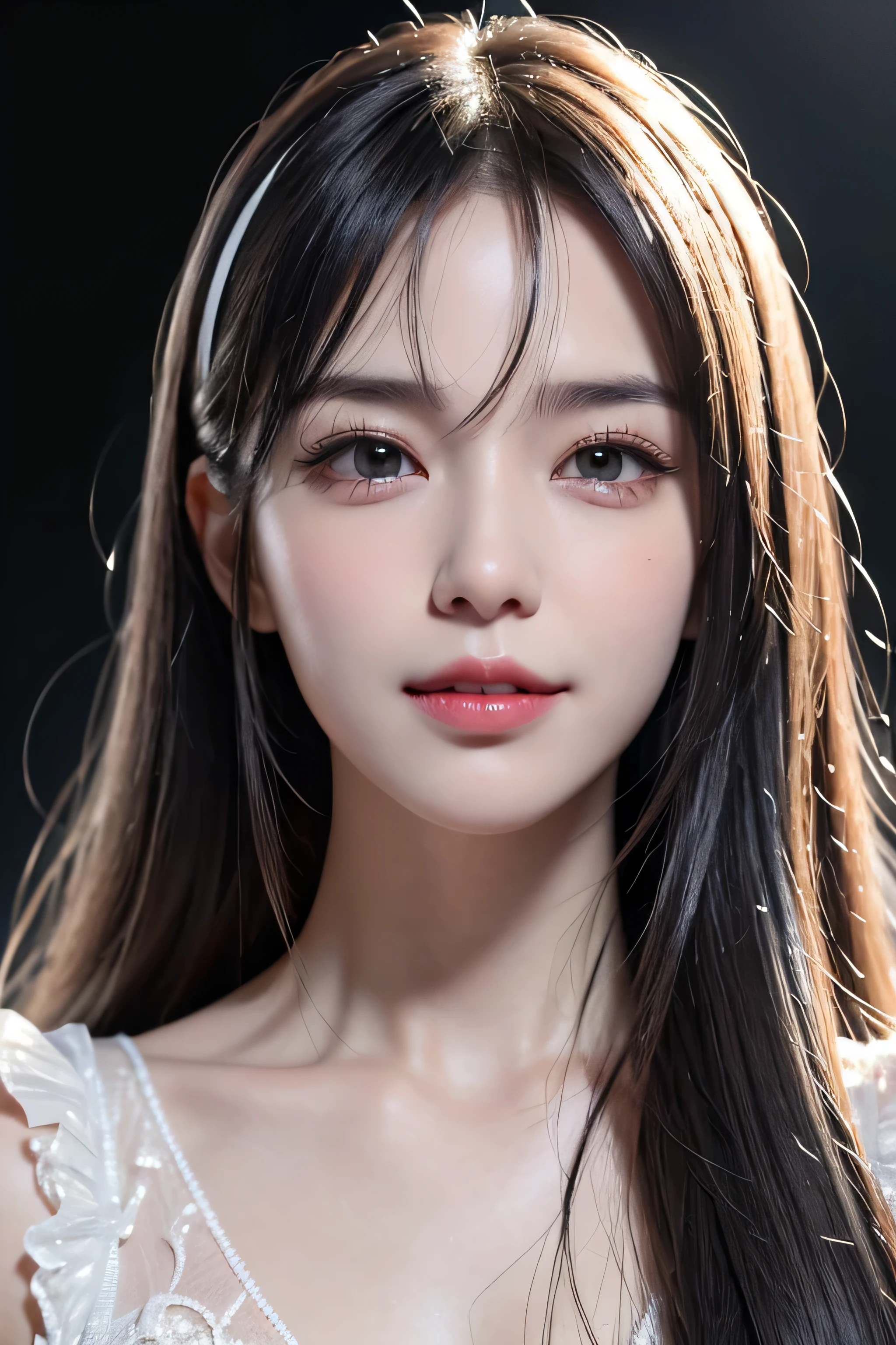 (8k, to be born, realistic: 1.25), ((striped white hairs)), (Thin lip gloss, thin eyebrows, eyelash, tear bag, sharp bangs, shiny face, shiny skin, highest quality, ultra high resolution, written boundary depth, chromatic aberration, caustics, wide lighting, natural shading, K-POPアイドル) Glasses, Calm, Gather the hair with your hands, long hair, smile, Small devil, inside the house