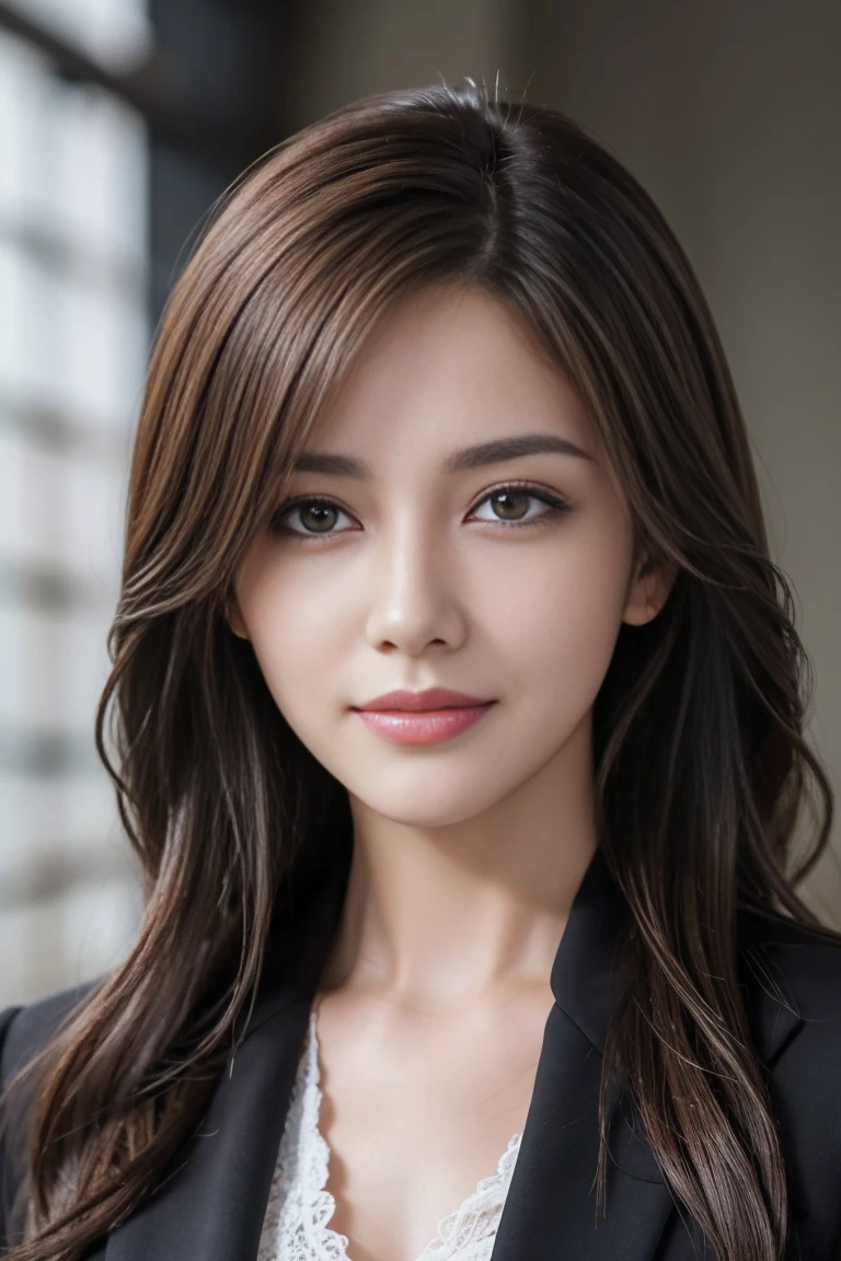 table top, highest quality, realistic, super detailed, finely, High resolution, 8k wallpaper, 1 beautiful woman,, light brown messy hair, wearing a business suit, sharp focus, perfect dynamic composition, detailed and beautiful eyes, fine hair, Detailed and realistic skin texture, smile, close-up portrait, model body shape
