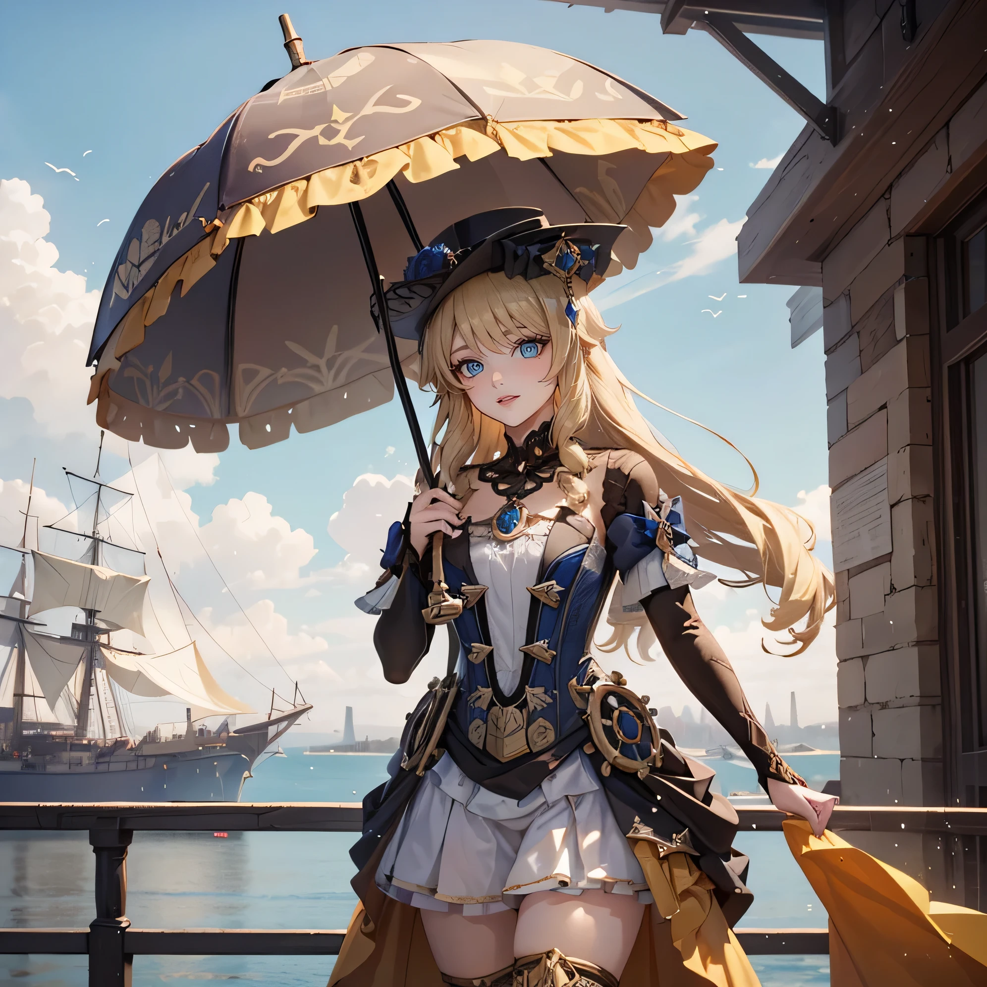 ,Young woman стоит на корабле, holding an umbrella. Beautifully detailed eyes and a kind smile on his face, in the background there is a steampunk ship in beige tones , Young woman&#39;the gaze is directed towards the viewer