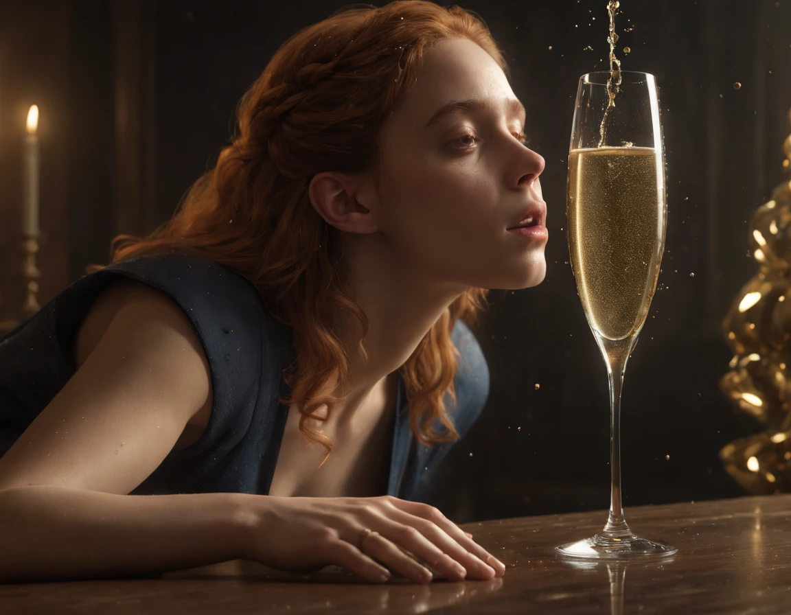 haute résolution, Haute qualité, chef-d&#39;œuvre. Hermione renversant brusquement une coupe de champagne, suscite une transformation éthérée de l'environnement en une ambiance fantastique de vendredi, gouttelettes de champagne capturées en plein vol, réfractant la douceur de la scène, lumière volumétrique, détail minutieux, Textures photoréalistes, l'effet clair-obscur accentuant le drame, une composition magistrale respectant le nombre d'or, un rendu octane haute fidélité, Résolution 8k, Évoquant l'œuvre de Rutkowski, bip, ou un chef-d'œuvre numérique de Beksinski, art conceptuel photoréaliste, soft natural lumière volumétriqueing, Qualité cinématographique. Hyperdétalisation. Hyperréalisme. lumière dramatique