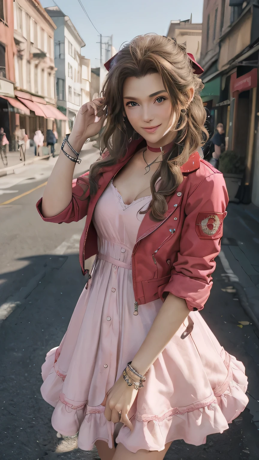 (masterpiece, best quality:1.4), (future days), (full of white flowers), (1girl), ((18 years old)), solo, (european youth:1), aerith gainsborough, choker, cropped jacket, hair bow, bracelet, (((red jaket))), (((pink dress))), brown boots, very long hair, hair ribbons, hair flowers, strapless red dress, high heels hyperrealistic, high detailed skin, dslr, soft lighting, high quality, highly detailed face, highly detailed skin, skin pores, subsurface scattering, realistic pupils, medium breast, full face blush, full lips, detailed background, depth of field, volumetric lighting, sharp focus, absurdres, realistic proportions, good anatomy, ((light smile)), ((looking at viewer)), ((cowboy shot)), (realistic, hyperrealistic:1.4), 16k hdr,