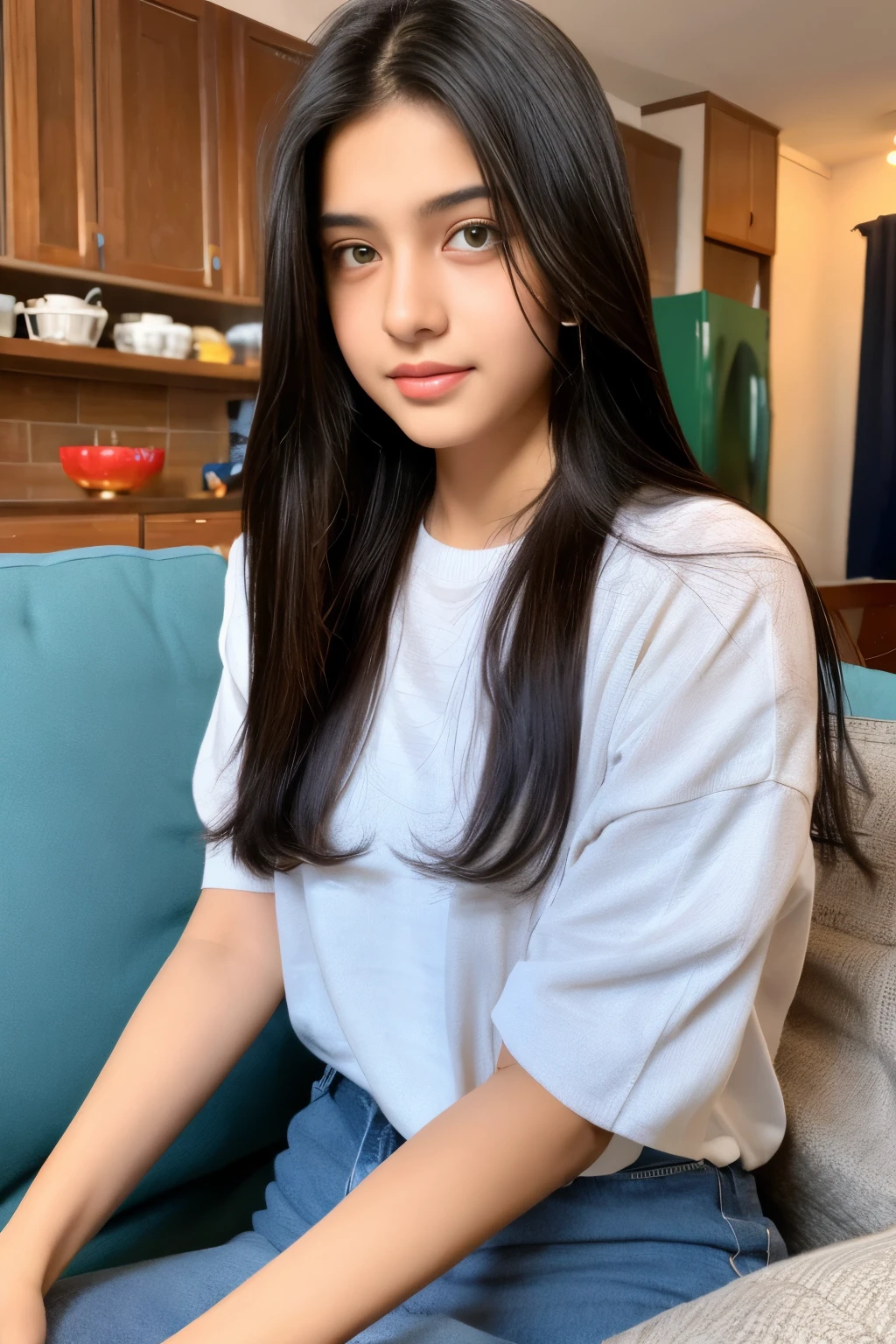 A woman sitting on a couch with a white shirt and blue jeans - SeaArt AI