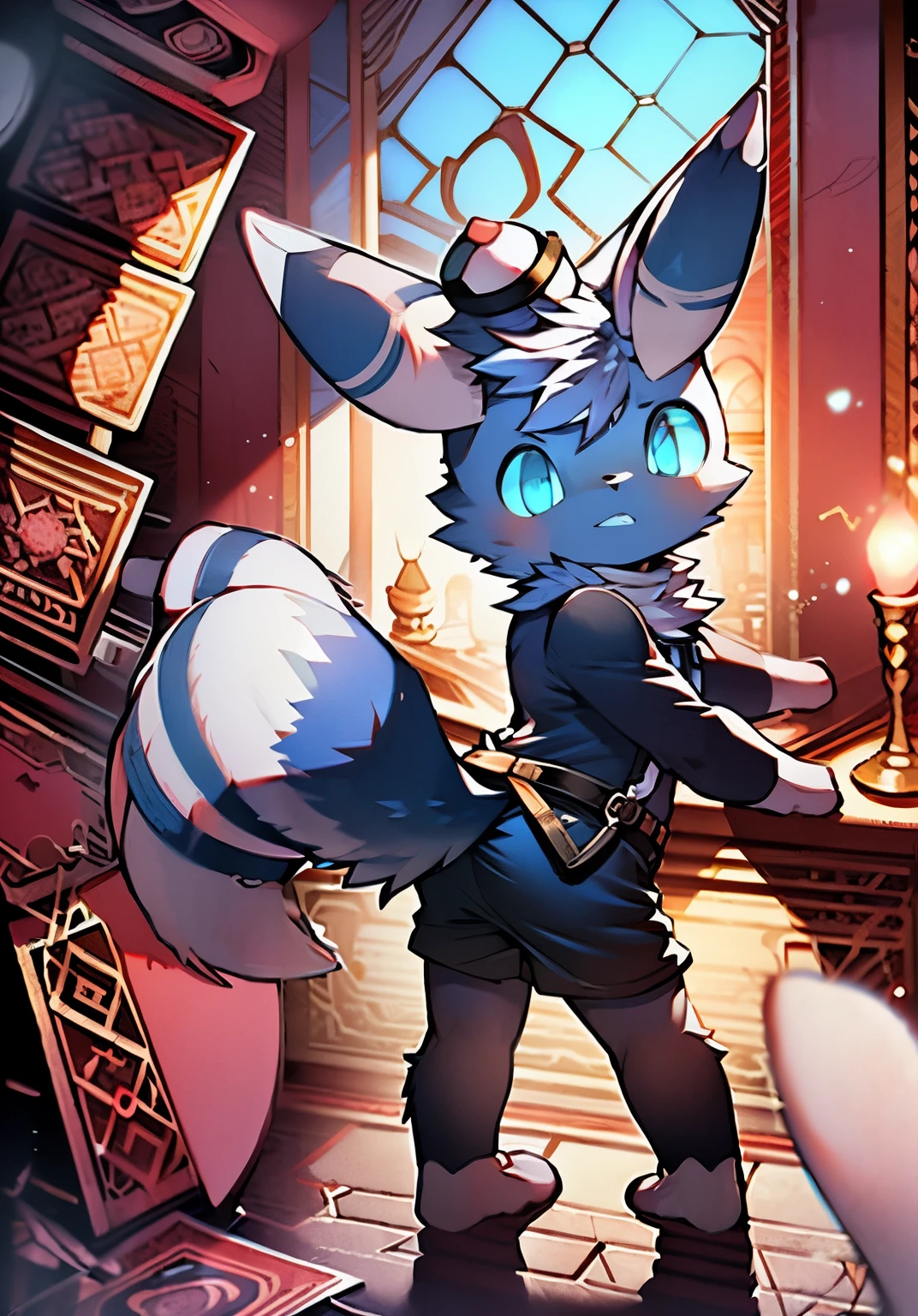 masterpiece, high quality, number \(artwork\),(fluffy fur,Character focus:1.1), MEOWSTIC_male,whole body, Shota，little boy，juvenile，proudly，Bright Eyes,panoramic,British style，magical world，Fairy tale castle，Character focus.(Detailed background:1.2),alone,hairy male ,male焦点,Hana Charcoal,eyes are very bright, Hana Charcoal,(whole body毛茸茸的, furry tail, Navy blue毛皮, light blue eyes, big ear，white hair，white paws:1.2)，(Cats，white shirt，black shorts，belt，Wear suspenders，Wear a top hat，earrings：1.2）panoramic, Character Focus Solo, 毛茸茸的Shota,blue eyes，young style，Detective style，charming，noble，Tiger teeth，mystery，magic circle，Navy blue