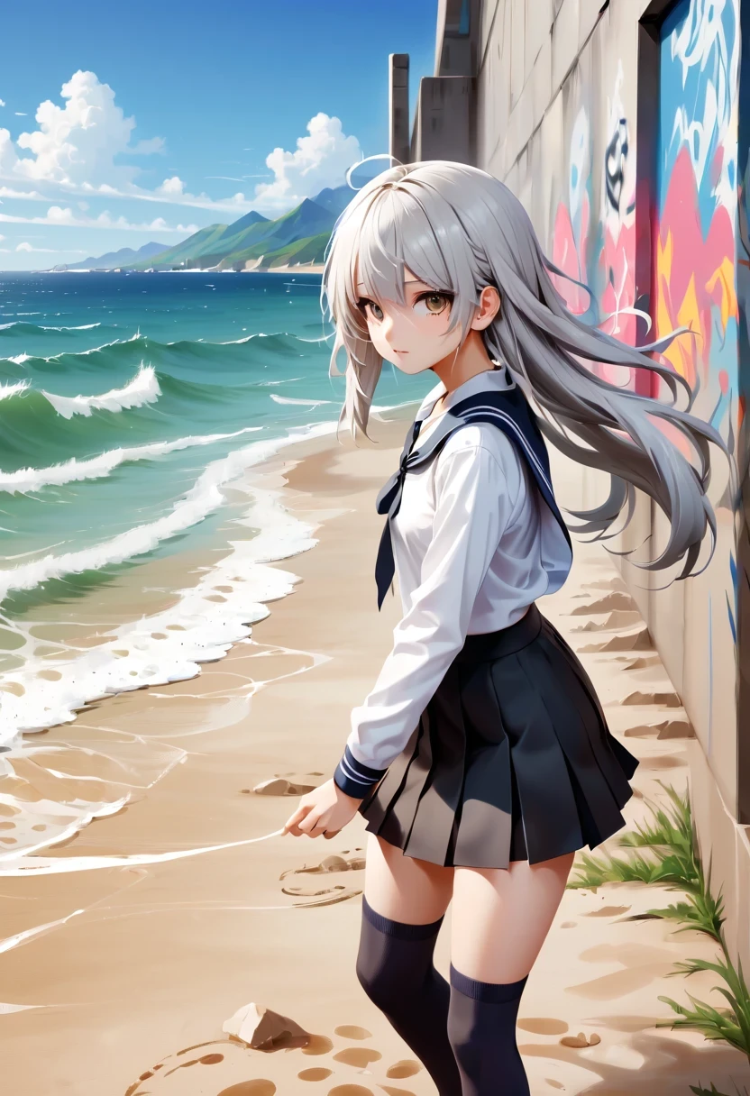 Graffiti Comics，Graffiti, wall, whole picture, High resolution and high contrast,simple,((masterpiece)), ((best quality)), ((high resolution)), ((Extremely detailed CG unified 8k wallpaper)), alone, Tachibana, tan school uniform, black skirt, white socks, Outdoor sports, Face, beach, drool hair, parted hair, silver hair