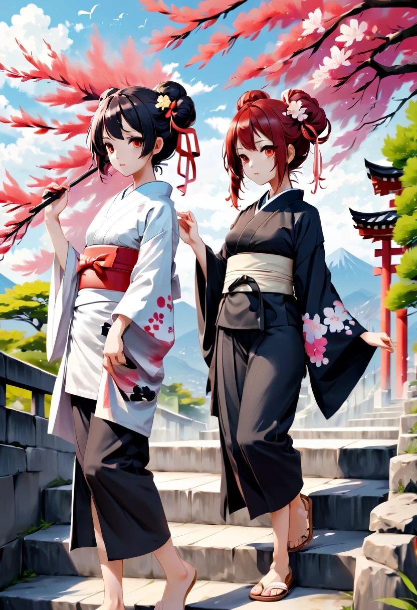 Graffiti漫画，Graffiti, wall, whole picture, High resolution and high contrast,simple,((masterpiece,最OK质量)),2 girls, black kimono, black pantyhose, black ribbon, black hair, 樱flower, Sky, flower, OK, hair ribbon, japanese clothes, kimono, long hair, looking at the audience, looking back , Multiple girls, belt, Outdoor sports, red eyes, Red hair, ribbon, sandals, It&#39;s great to be single, stairs, Permanent installation, statue, Torii, tree, white kimono, yellow eyes