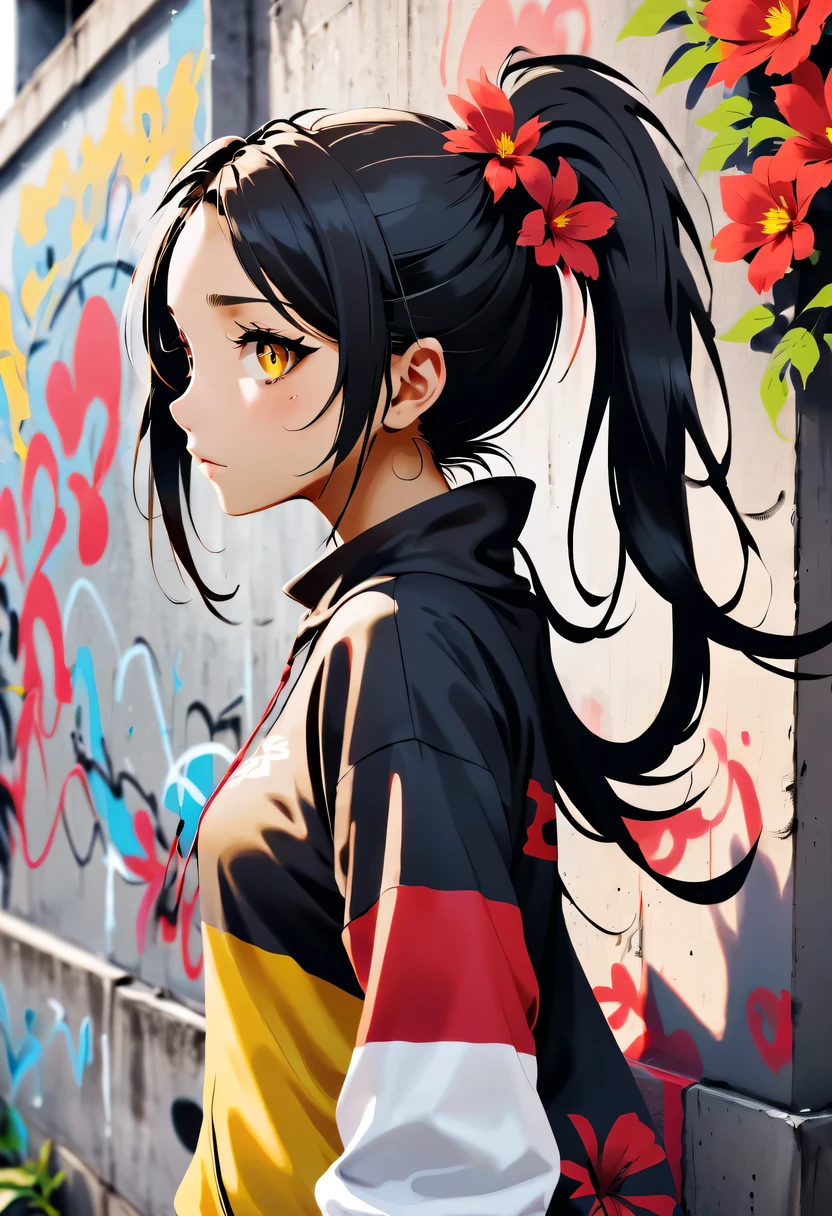 Graffiti漫画，Graffiti, wall, whole picture, High resolution and high contrast,simple,I, alone, 1 girl, yellow_student, +_+, Black_hair, High_ponytail, Red_flower_hair_decorate