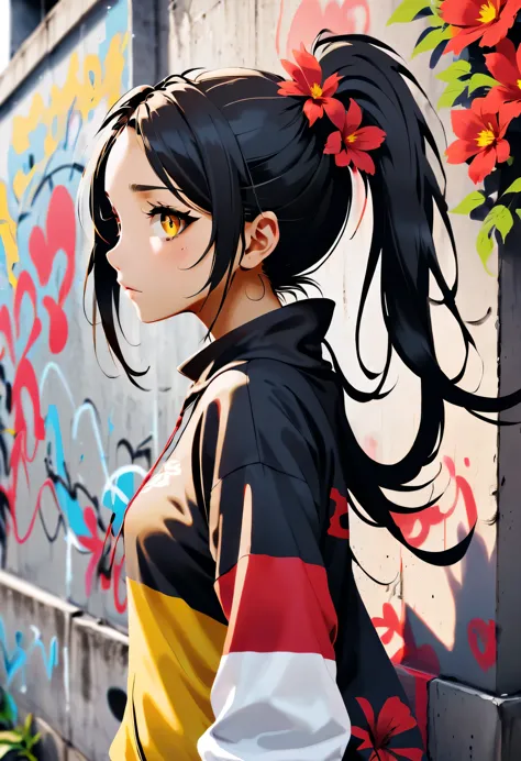 Graffiti漫画，Graffiti, wall, whole picture, High resolution and high contrast,simple,I, alone, 1 girl, yellow_student, +_+, Black_...