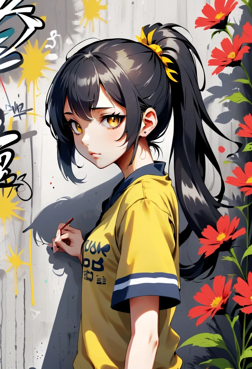 Graffiti漫画，Graffiti, wall, whole picture, High resolution and high contrast,simple,I, alone, 1 girl, yellow_student, +_+, Black_hair, High_ponytail, Red_flower_hair_decorate